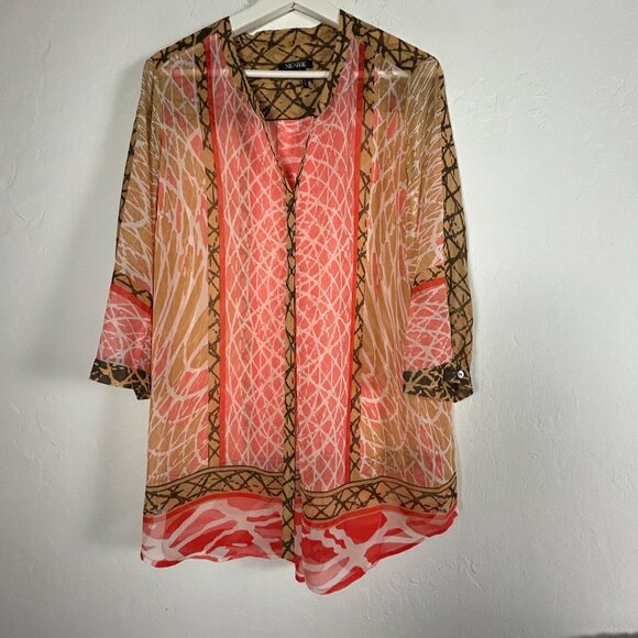 Nic+Zoe Womens Sheer Button-Front Tunic Top Large Abstract Print 3/4 Sleeve Red - Picture 1 of 7